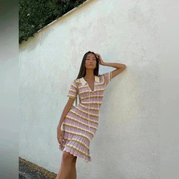 Sandro Multicoloured crochet polo mini dress 38 US 6 S M knit stripe Ethel multi - Picture 2 of 12